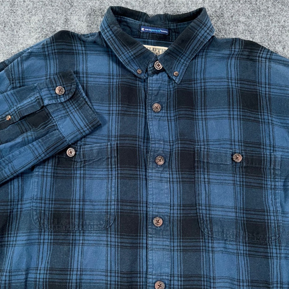 Duluth Trading Co Magneady Flannel Work Shirt Mens XL Magnetic Plaid Blue Heavy